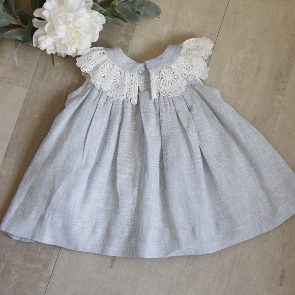 Blue Linen Float Dress Crocheted Lace Collar The Bailey Boys Boutique 3 Months - Picture 4 of 6